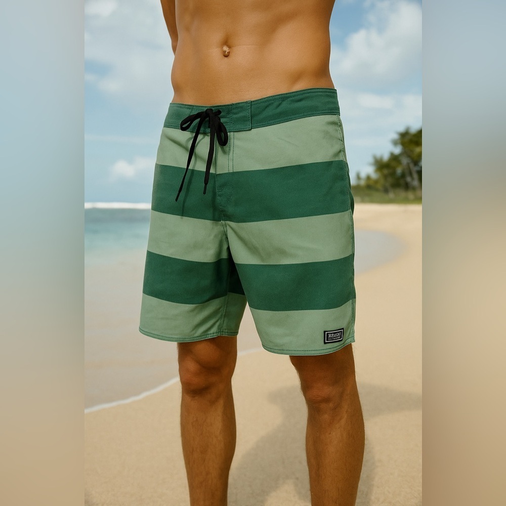 Brixton Men’s Sonar Boardshorts Green Striped Swim Trunks Size 38NWT